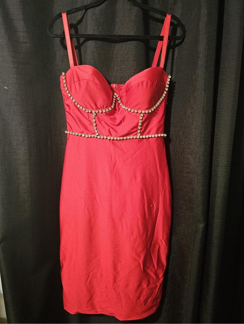 Dont Quest - Red Embellished Bustier Bodycon Dress Sz L